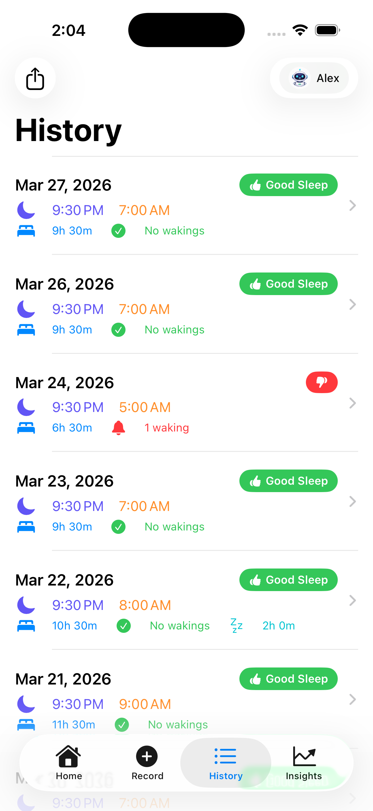 History screen — browse past sleep records with good/bad sleep badges