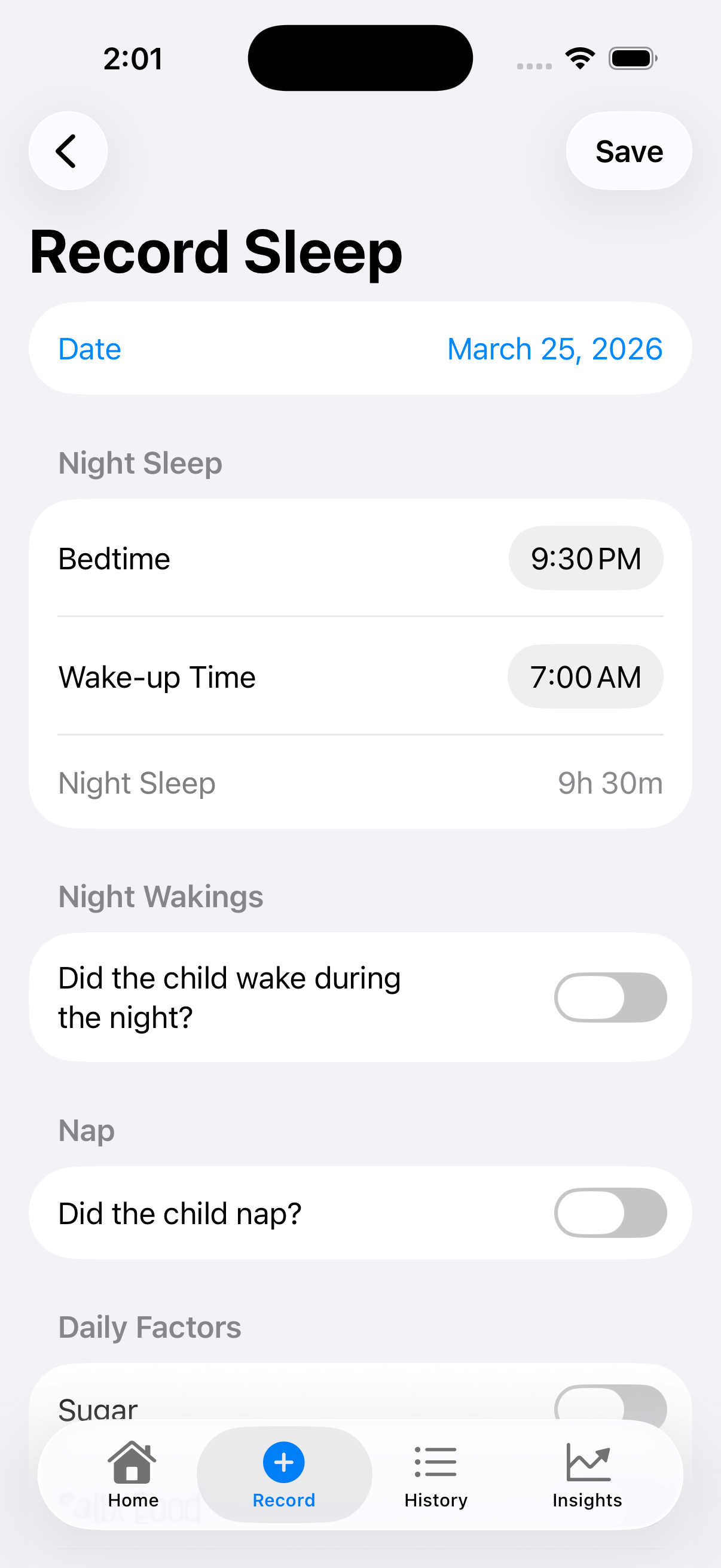 Record sleep screen — log bedtime, wake-up time, and night wakings